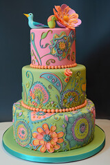 A beautiful three-tiered green and pink colored wedding cake decorated with birds and floral, colorful designs