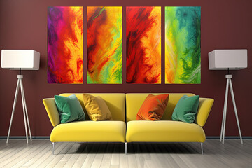 Bright abstract Triptych on a maroon wall above a yellow sofa with green red and yellow pillows, generative ai
