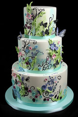 A beautiful three-tiered pastel colored wedding cake decorated with flowers and butterflies