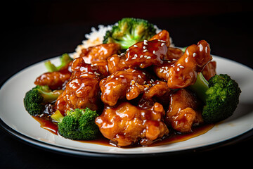 General Tso's chicken with broccoli and rice and sprinkled with sesame seeds