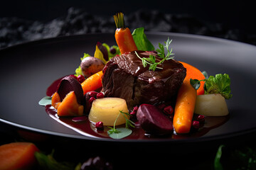 A juicy filet mignon steak with colorful assortment of vegetables including carrots and beets drizzled in sauce