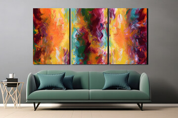 Bright abstract Triptych on a gray wall above a green sofa, generative ai