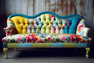 Whimsical vintage couch with floral patterns and bright colors, ai generated