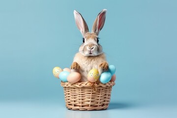 Fototapeta na wymiar cute rabbit sitting in a basket surrounded by colorful Easter eggs. Generative AI