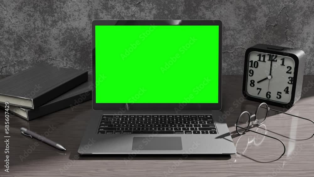 Aufkleber laptop mock-up black color on work desk with notebook, alarm clock and eyeglasses. designed in dark 