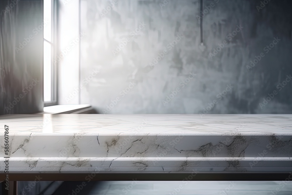 Poster minimalist marble table with a scenic window in the background. generative ai