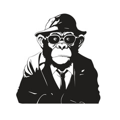 chimpanzee wearing a suit and glasses digital art ,hand drawn illustration