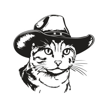 cat in cowboy hat digital art ,hand drawn illustration
