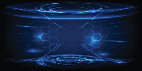 Vector illustration of Futuristic digital blue neon curve stage with digital element around for hi tech advertising and game showcase.Future digital technology concepts.