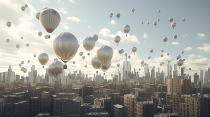 Fototapeta na wymiar air balloon in the sky middle of city generative ai