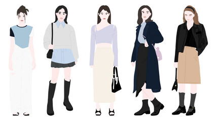 Set of women's street fashion vector images for spring and summer seasons