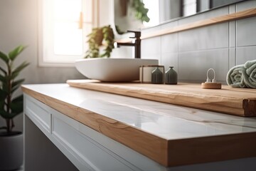 modern bathroom with a wooden countertop and a white sink. Generative AI