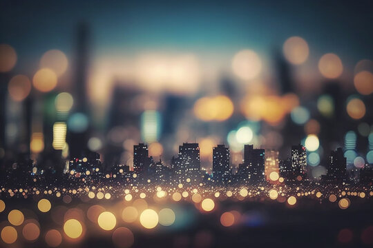 Defocused city in downtown, blurred bokeh cityscape at twilight time, city background