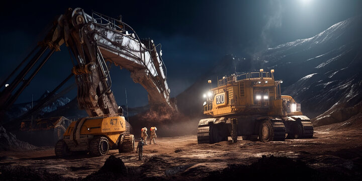 humans mining the moon and steroids, space mine, minerals, group of astronauts digging a quarry on the moon