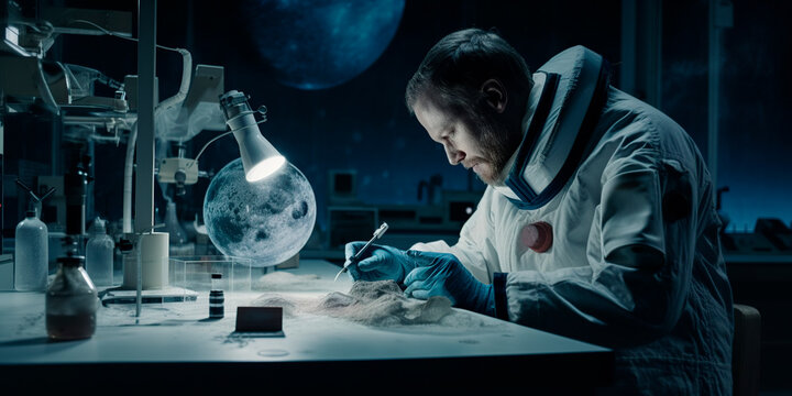 cientist making chemistry experiments in a lab on a research space installation on the moon