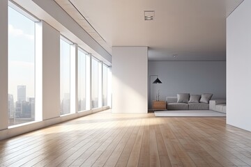 an empty room with a comfortable couch and full-length windows. Generative AI