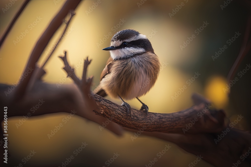Poster blurred backdrop closeup of a little bird perched on a tree branch generative ai