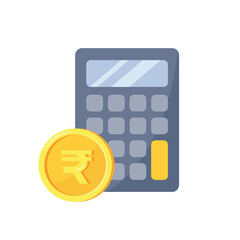 Calculator and coin with rupee sign isolated on white background. Vector illustration