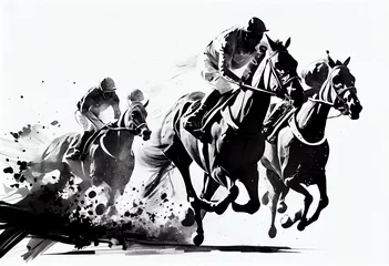 Gordijnen Racing horse with jockey. Equestrian sport. Illustration of ink paints. Generative AI. © junghc1