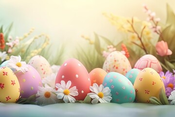 Fototapeta na wymiar colorful Easter eggs decorated with daisies and other spring flowers. Generative AI