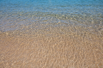 Blue ocean wave on sandy beach. Beach in sunset summer time. Beach landscape. Tropical seascape, calmness, tranquil relaxing sunlight.