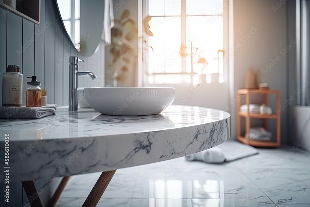 Poster modern bathroom with a luxurious marble countertop and a sleek round sink. Generative AI