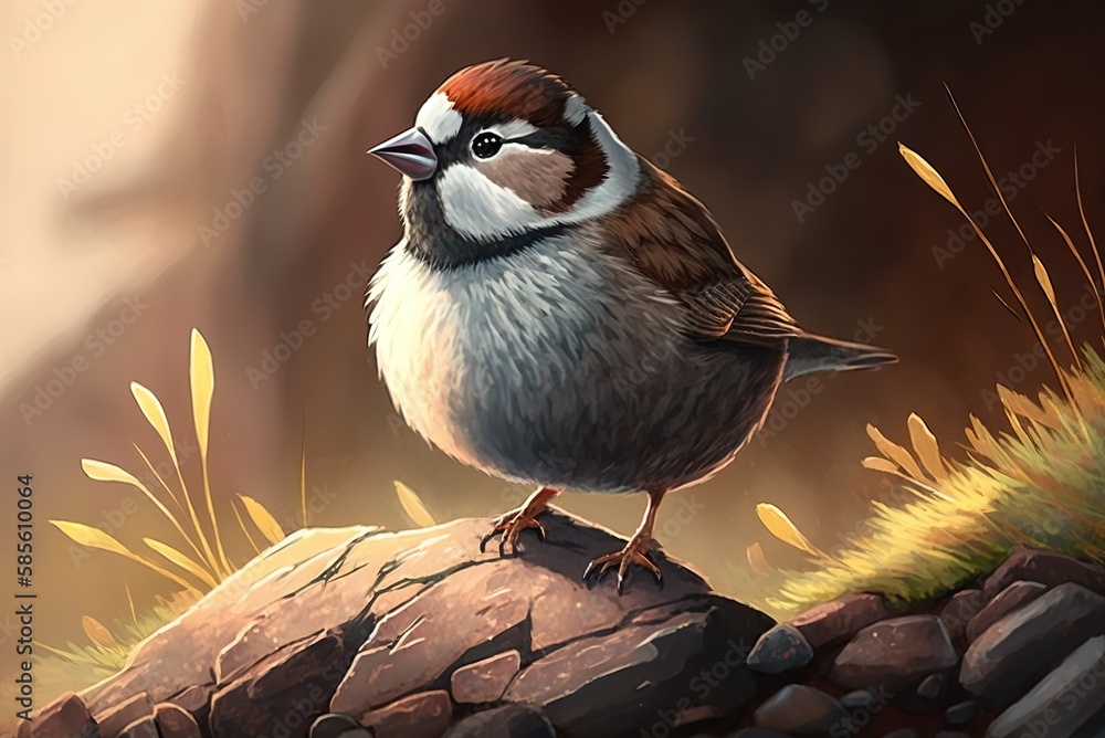 Poster a hawk hovers above a sparrow perched on a large stone in close-up. generative ai