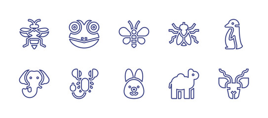 Animals line icon set. Editable stroke. Vector illustration. Containing bee, frog, butterfly, fly, penguin, elephant, scorpion, rabbit, camel, kudu.