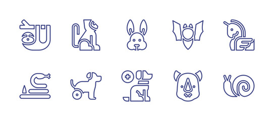 Animals line icon set. Editable stroke. Vector illustration. Containing sloth, monkey, rabbit, bat, animals, snake, disabled, therapy dog, rhino, snail.