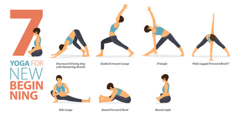 7 Yoga poses or asana posture for workout in new beginning concept. Women exercising for body stretching. Fitness infographic. Flat cartoon vector. - obrazy, fototapety, plakaty