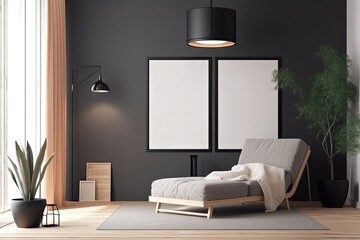sophisticated black and white bedroom with a cozy chaise lounge. Generative AI