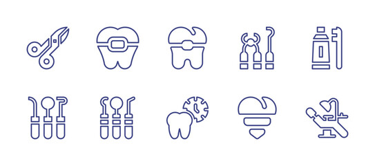 Dentist line icon set. Editable stroke. Vector illustration. Containing scissors, braces, forceps, hygienic, dentist tools, dentist, dental care, dental implant, dentist chair.