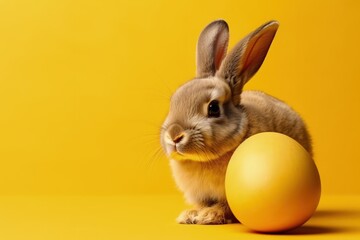 Fototapeta na wymiar cute rabbit sitting beside a colorful Easter egg on a vibrant yellow background. Generative AI