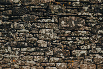 Rustic stone wall showcasing ancient craftsmanship in Wales amidst vibrant lichen and moss textures