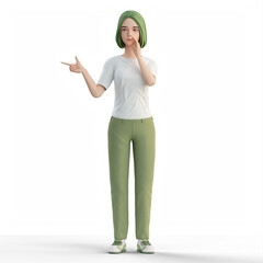 3D Illustration of Cute Casual Woman pointing at right side and make loud sound