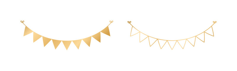 Golden Flags Garland set, Festive Birthday, Christmas Party celebration, Hanging buntings garlands vector illustration