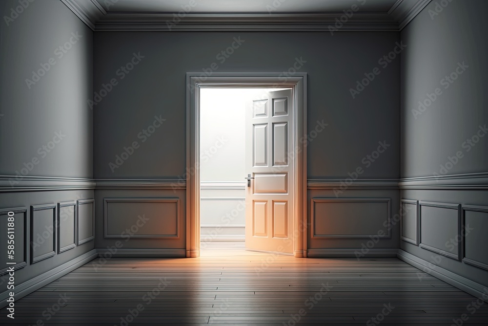 Aufkleber an empty room with an open door in the middle. generative ai