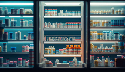 Hyper detailed photograph of nobody in a brightly lit pharmacy with pill bottles on shelves, photorealistic, photo, Generative AI