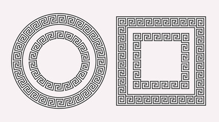 Greek ornament frames set. Circle and square meander patterns collection. Ancient Greek fret borders. Geometric meandros motif. Vector decorations and illustration
