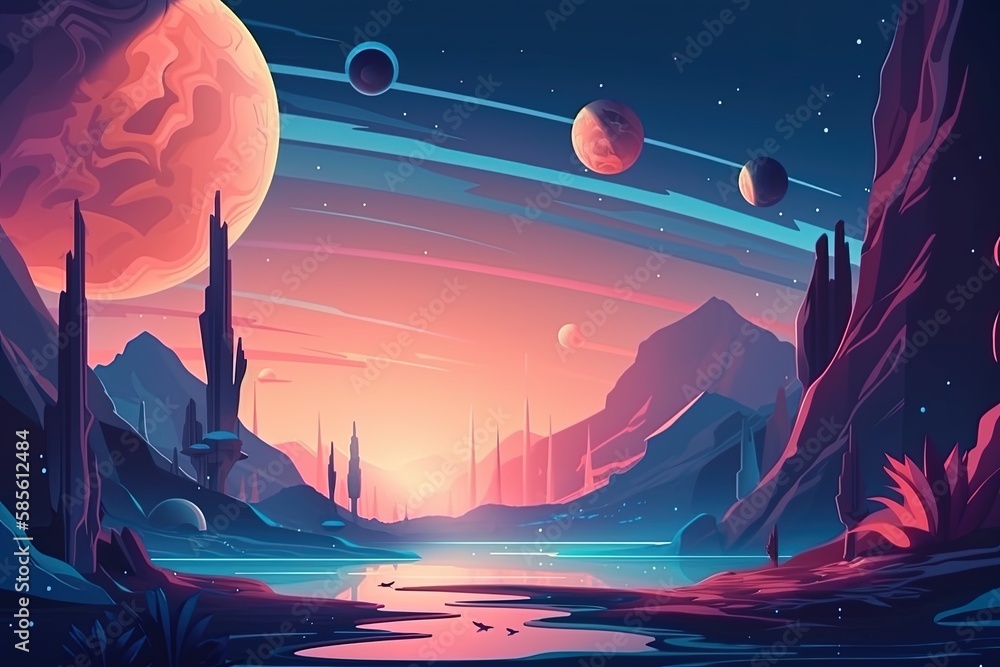 Aufkleber surreal landscape with multiple planets in the sky. generative ai