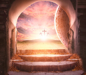 Easter and Good Friday concept, Empty tombstone with cross on mountain sunrise background