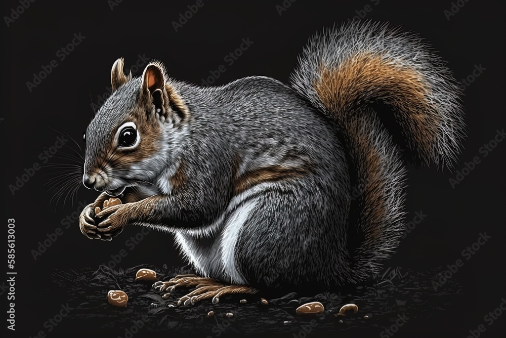 Poster image shows a gray squirrel munching a nut up close. generative ai