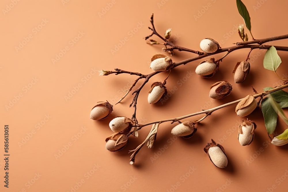 Poster tree branch with nuts hanging from it. generative ai
