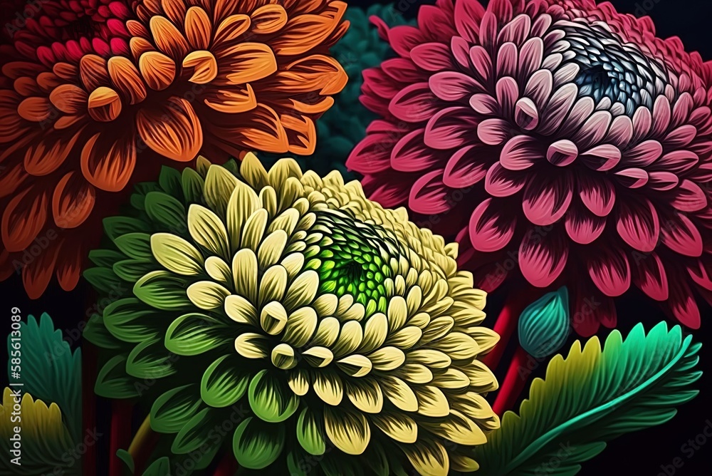 Poster chrysanthemums in closeup, bursting with color generative ai