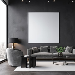 Poster, Painting, or Photo Mock-Up with Moody Lighting in Modern Home, Light Gray Furniture and Modern Finishes, White Matte Mock-up Canvas - Generative AI