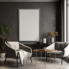Poster, Painting, or Photo Mock-Up with Moody Lighting in Modern Home, Light Gray Furniture and Modern Finishes, White Matte Mock-up Canvas - Generative AI