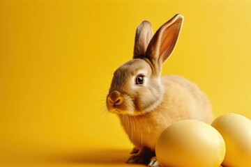 Fototapeta na wymiar cute rabbit sitting beside a nest with colorful eggs on a bright yellow background. Generative AI