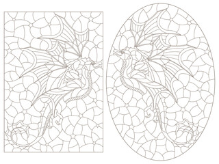 A set of contour illustrations in the style of stained glass with dragons, dark contours on a white background