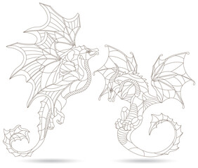 A set of contour illustrations in the style of stained glass with dragons, dark contours on a white background
