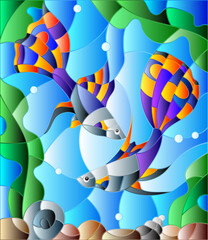Illustration in stained glass style with a pair of guppies on the background of water and algae
